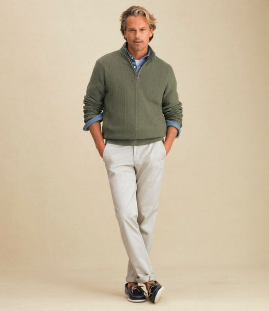 Men's Sunwashed Textured Cotton Sweater, Herringbone 1/4 Zip - US 0253