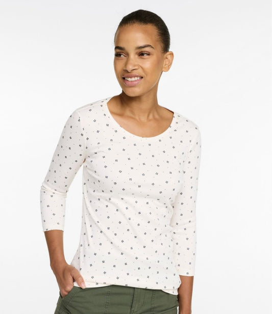 Women's Pima Cotton Shaped Jewelneck Tee, Three-Quarter-Sleeve Print - US 7605
