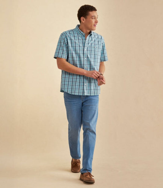 Men's Comfort Stretch® Chambray Shirt, Traditional Untucked Fit, Short-Sleeve, Plaid - US 9046