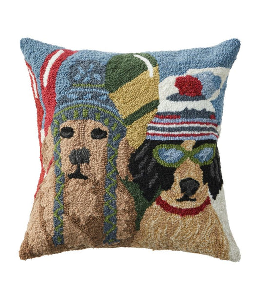 Indoor/Outdoor Hooked Pillow, Dogs Skiing - US 4685
