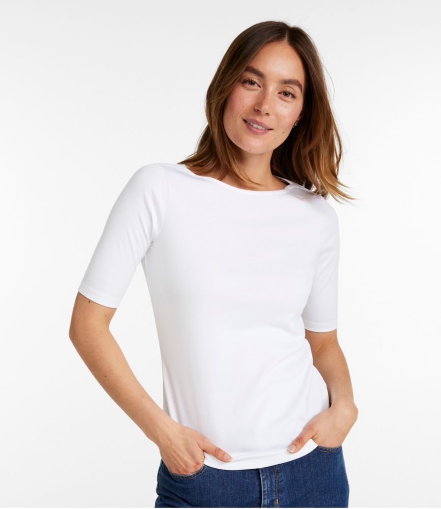 Women's Pima Cotton Tee, Elbow-Sleeve Boatneck - US 0874