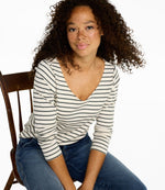 Women's Pima Cotton Tee, Long-Sleeve Open V-Neck Stripe - US 7662